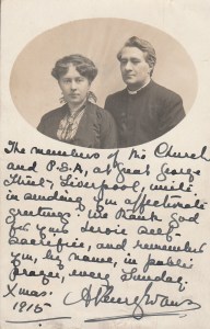 A postcard sent to members of Great George Street Congregational Chapel, Liverpool,  serving at the front. Featuring a picture of the minister and his wife and a written message. P.S.A. stands for Pleasant Sunday Afternoon, a popular form of church entertainment at the time
